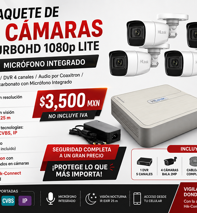 Promotional poster for a 4-camera TurboHD 1080p Lite security kit with integrated microphone; shows DVR, cables, and price 3,500 MXN.